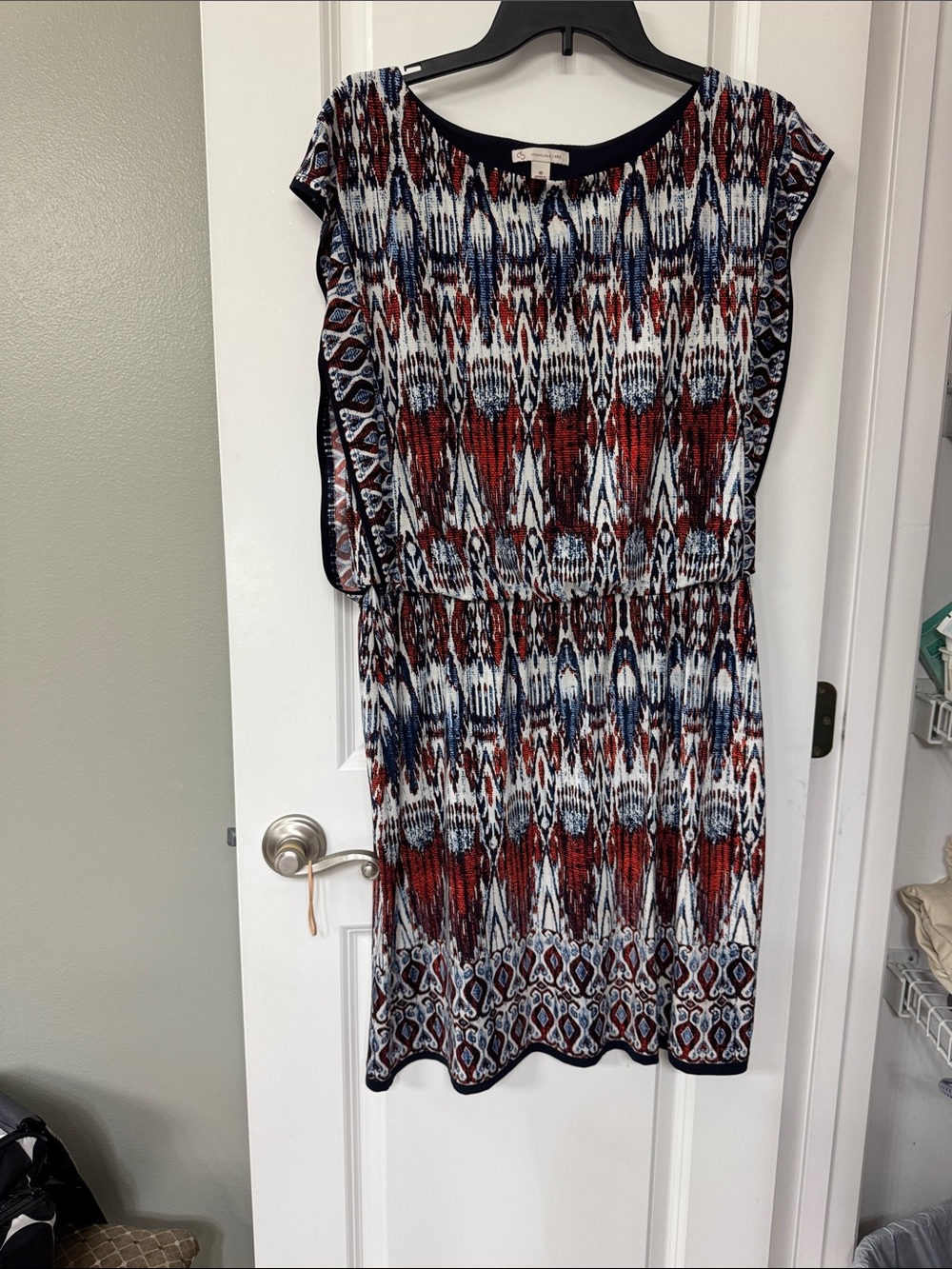 Cap-Sleeve Ikat Midi Dress in Red, Navy & White